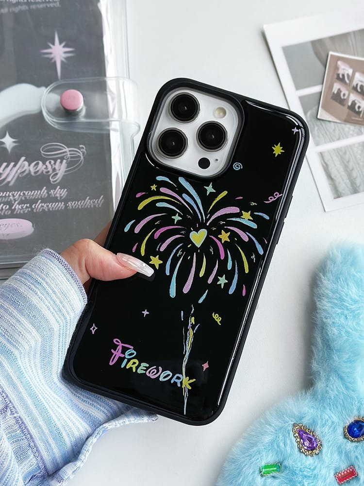 “Love Fireworks phone case for Apple iPhone 16 Pro Max, featuring a vibrant design with fireworks and heart motifs on durable epoxy resin.”