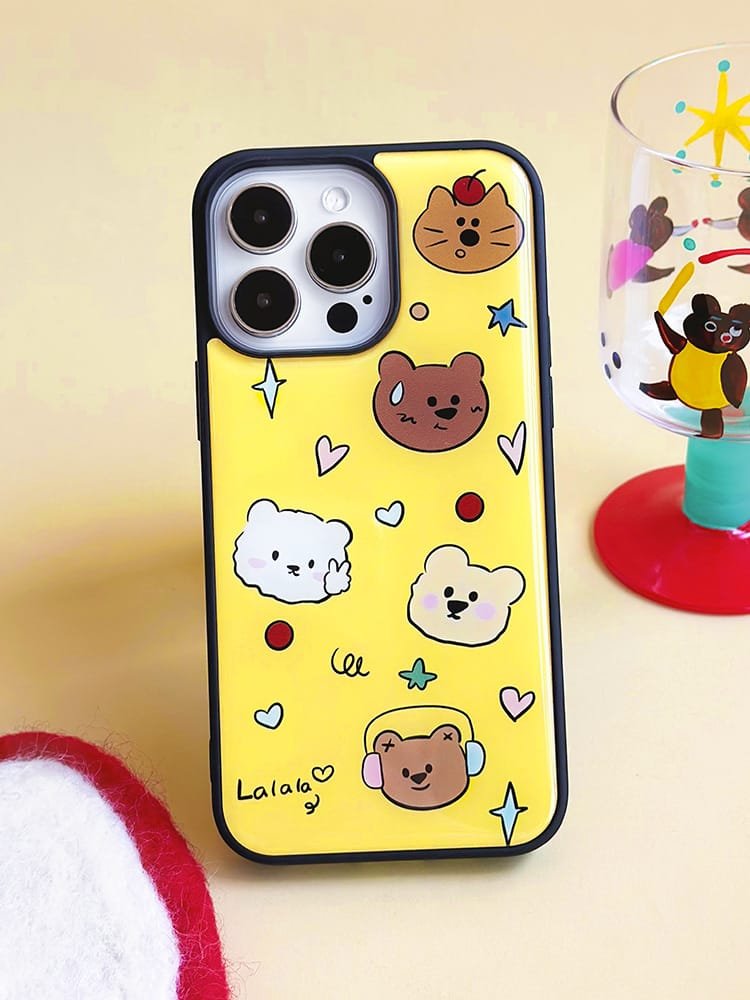 Cute bear on yellow background phone case for Apple iPhone 16 Pro Max, showcasing a fun bear design on durable epoxy resin