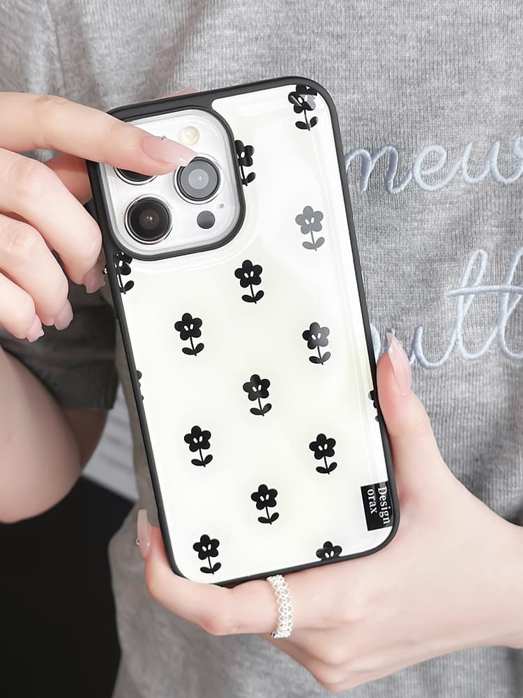 Black flowers all over the screen phone case for Apple iPhone 16 Pro Max, featuring an intricate floral design on durable epoxy resin