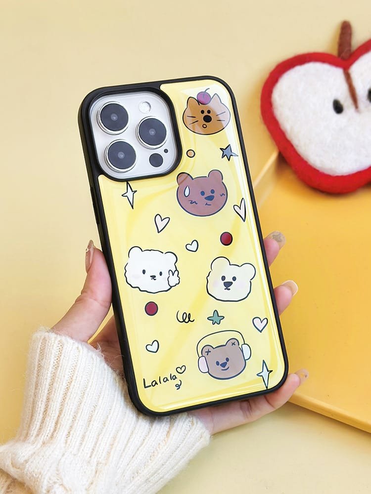 Cute bear on yellow background phone case for Apple iPhone 16 Pro Max, showcasing a fun bear design on durable epoxy resin