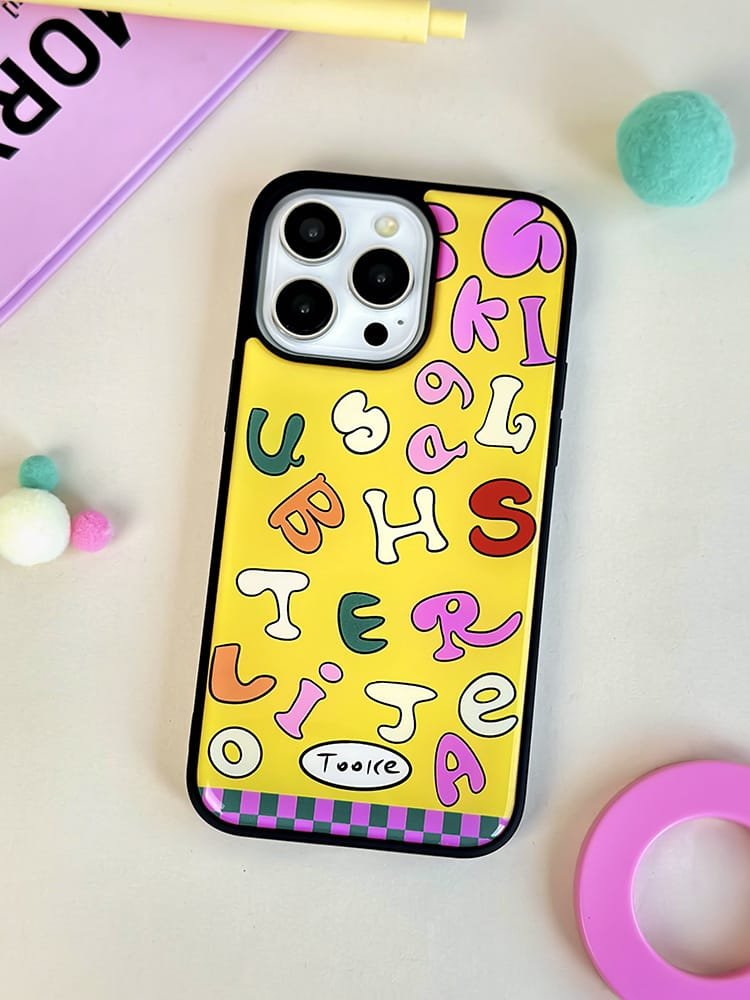 Colored letters on yellow background phone case for Apple iPhone 16 Pro Max, featuring a vibrant letter design on durable epoxy resin.