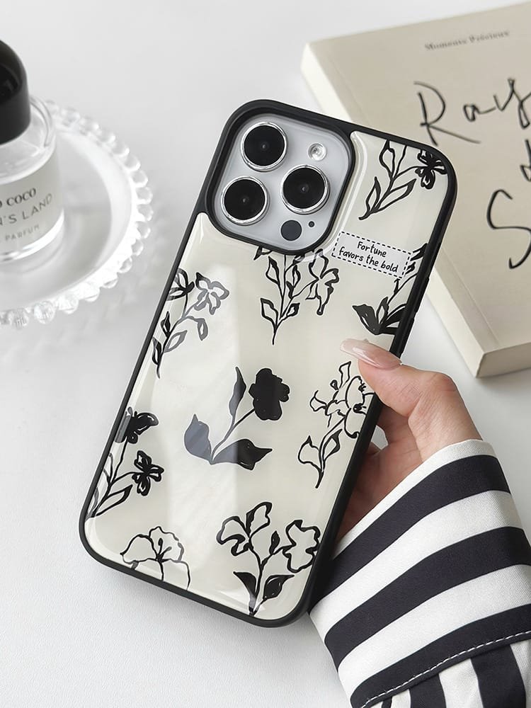 iPhone 16 Pro Max black and white flower phone case