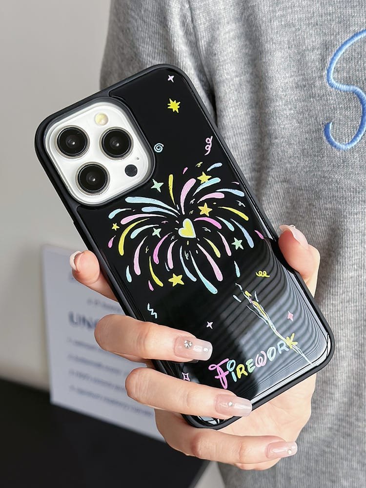 Love Fireworks phone case for Apple iPhone 16 Pro Max, featuring a vibrant design with fireworks and heart motifs on durable epoxy resin.