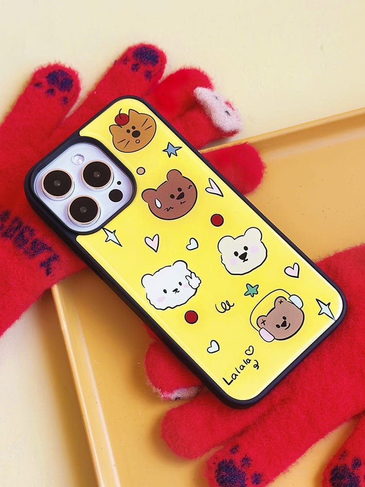 Cute bear on yellow background phone case for Apple iPhone 16 Pro Max, showcasing a fun bear design on durable epoxy resin