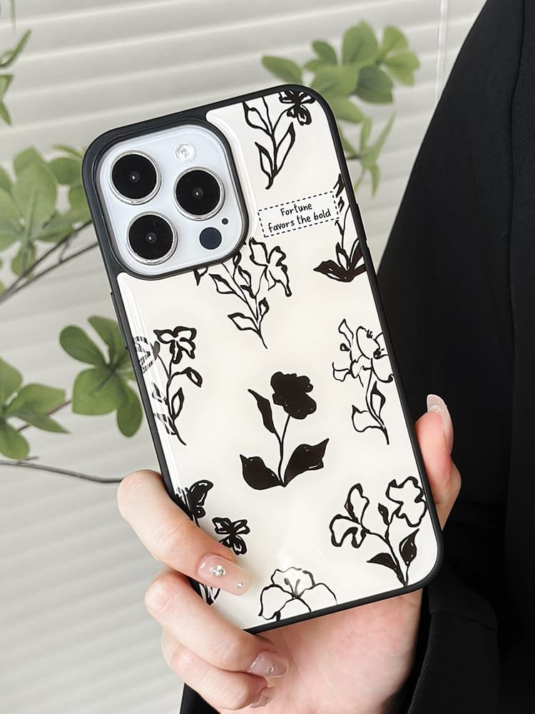 iPhone 16 Pro Max black and white flower phone case