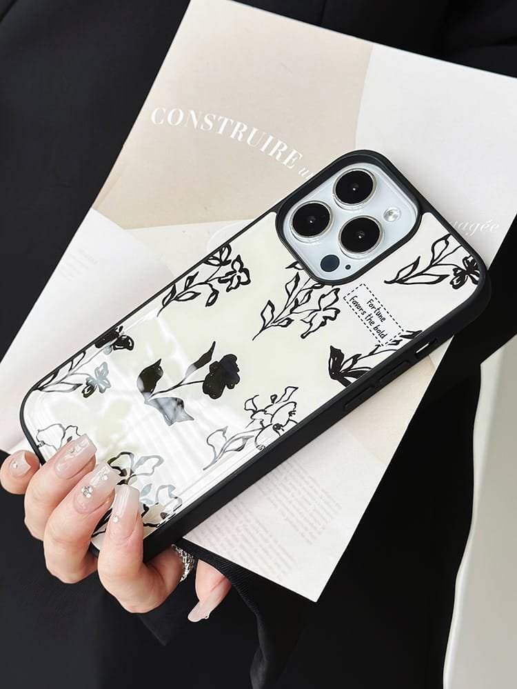 iPhone 16 Pro Max black and white flower phone case
