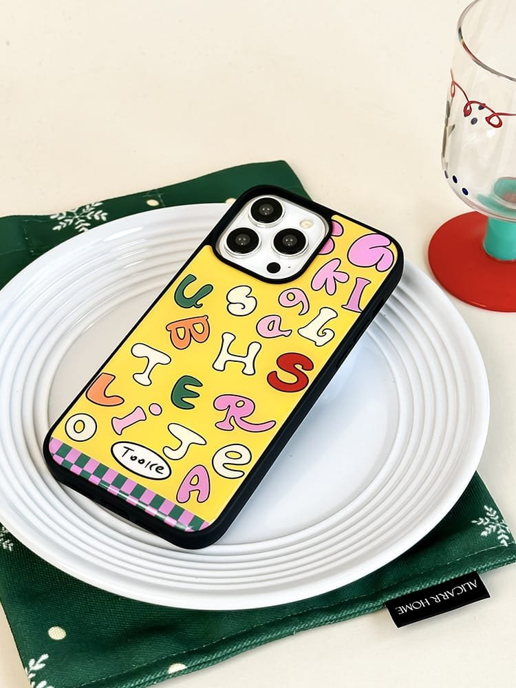 Colored letters on yellow background phone case for Apple iPhone 16 Pro Max, featuring a vibrant letter design on durable epoxy resin.