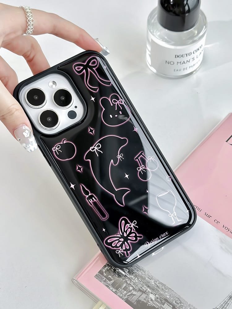 Dolphins and rabbits phone case for Apple iPhone 16 Pro Max showcasing playful animal designs and high-quality epoxy resin material.