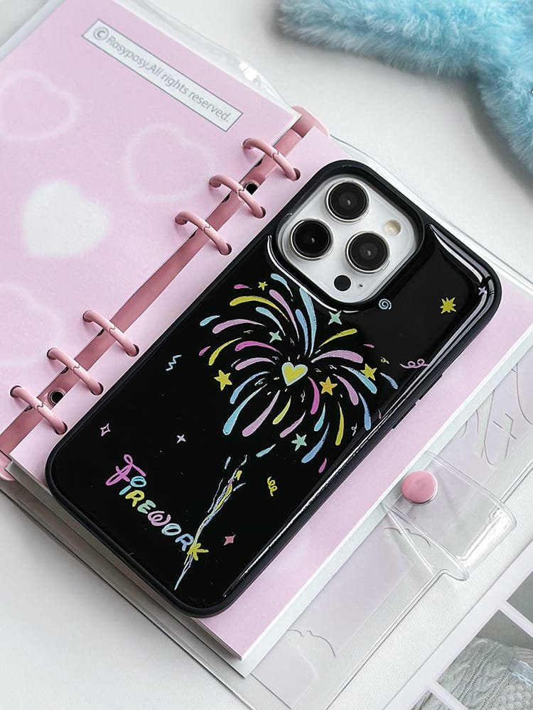 “Love Fireworks phone case for Apple iPhone 16 Pro Max, featuring a vibrant design with fireworks and heart motifs on durable epoxy resin.”