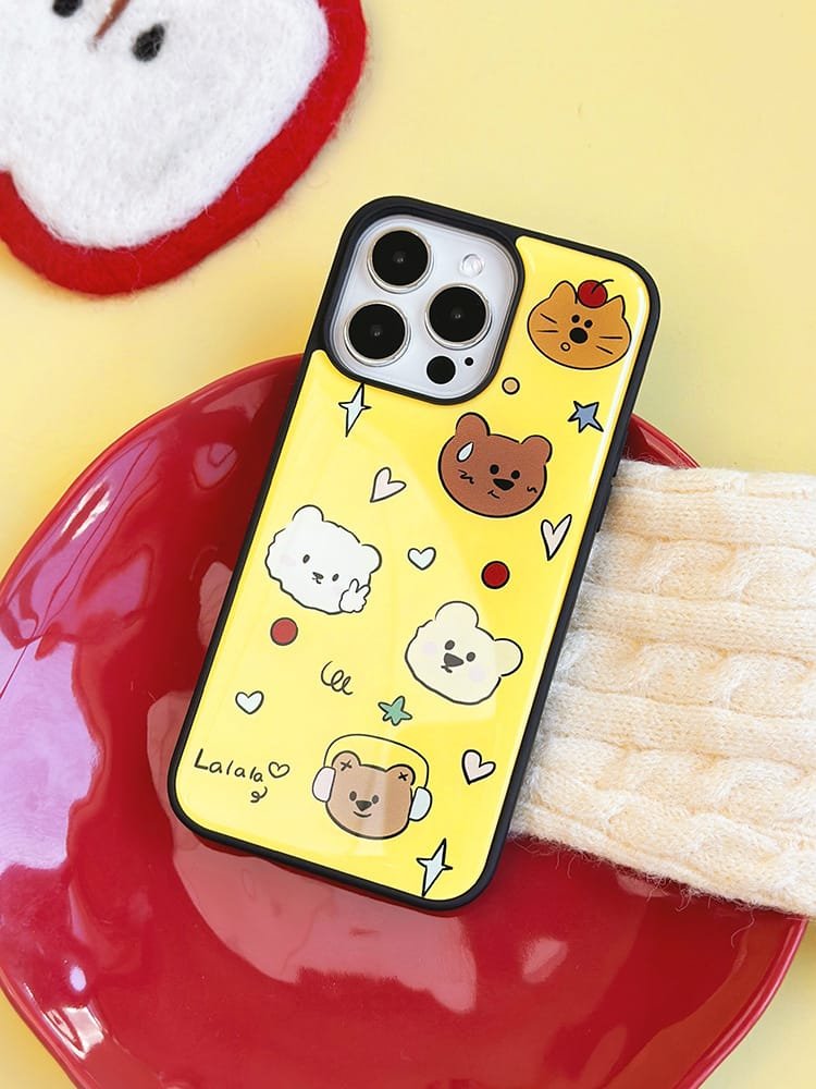 Cute bear on yellow background phone case for Apple iPhone 16 Pro Max, showcasing a fun bear design on durable epoxy resin