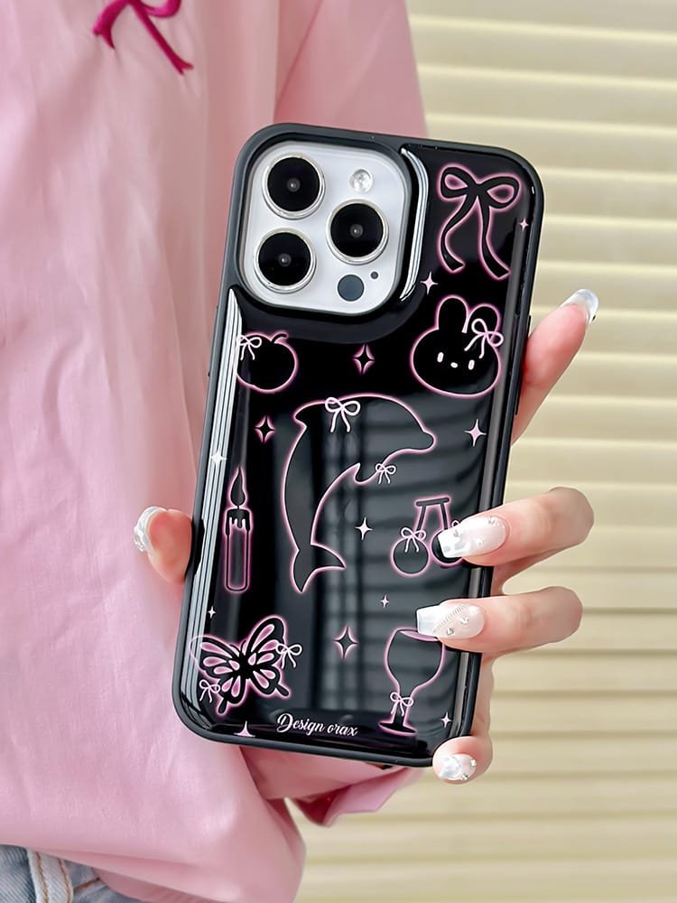 Dolphins and rabbits phone case for Apple iPhone 16 Pro Max showcasing playful animal designs and high-quality epoxy resin material.