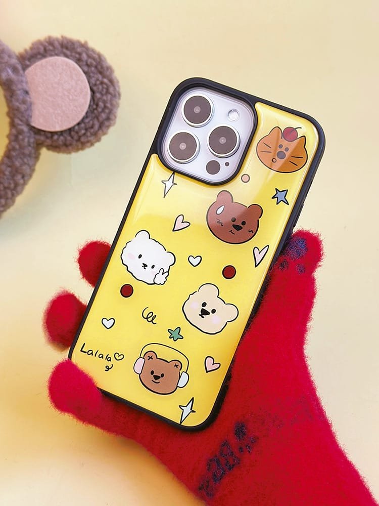 Cute bear on yellow background phone case for Apple iPhone 16 Pro Max, showcasing a fun bear design on durable epoxy resin