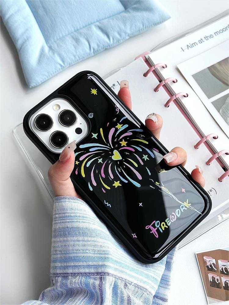 “Love Fireworks phone case for Apple iPhone 16 Pro Max, featuring a vibrant design with fireworks and heart motifs on durable epoxy resin.”